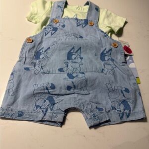 Light Blue Cartoon Print Baby Overalls Set with Pale Green Tee